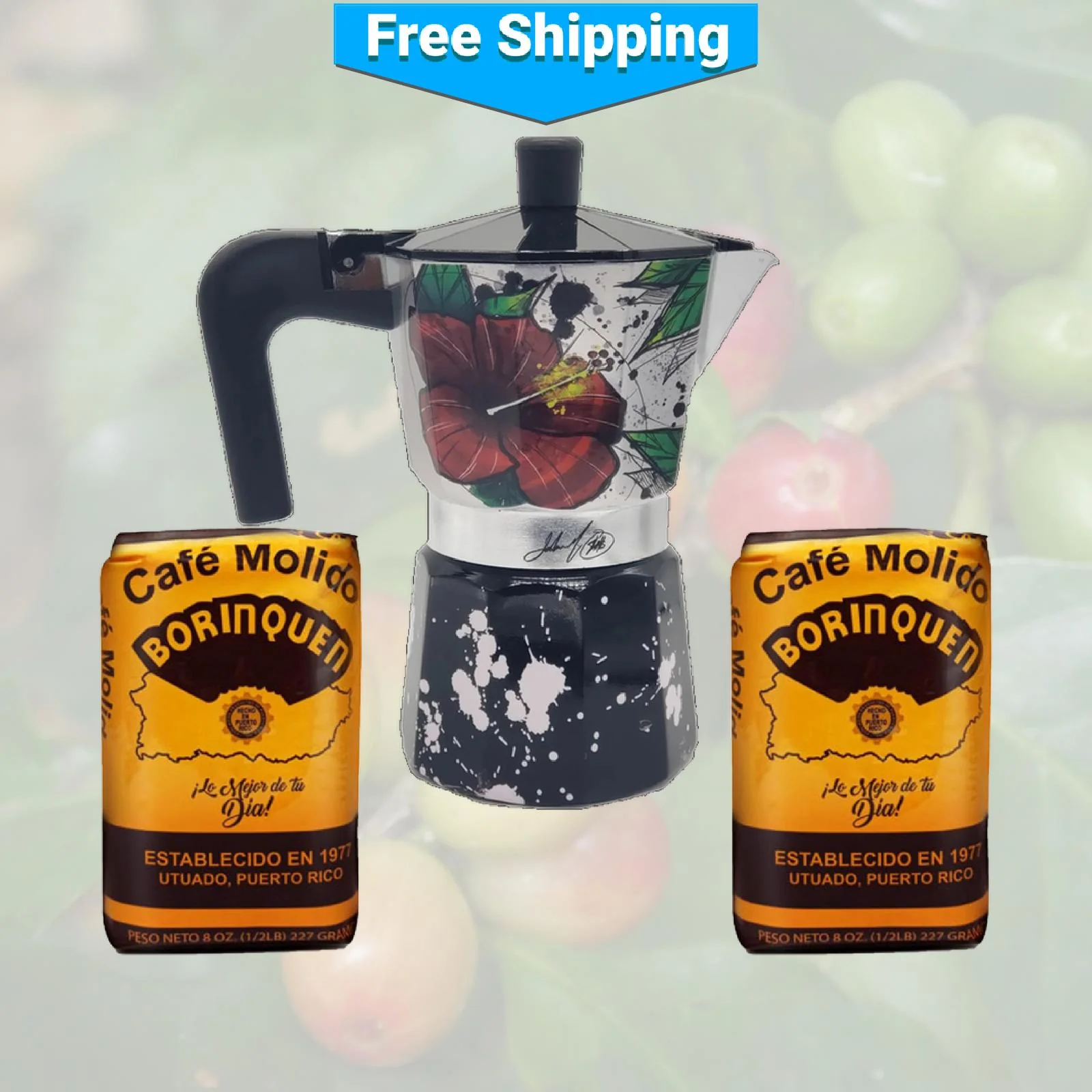 Maga Flower and Coquí Greca Moka Pot and Two Borinquen Coffees