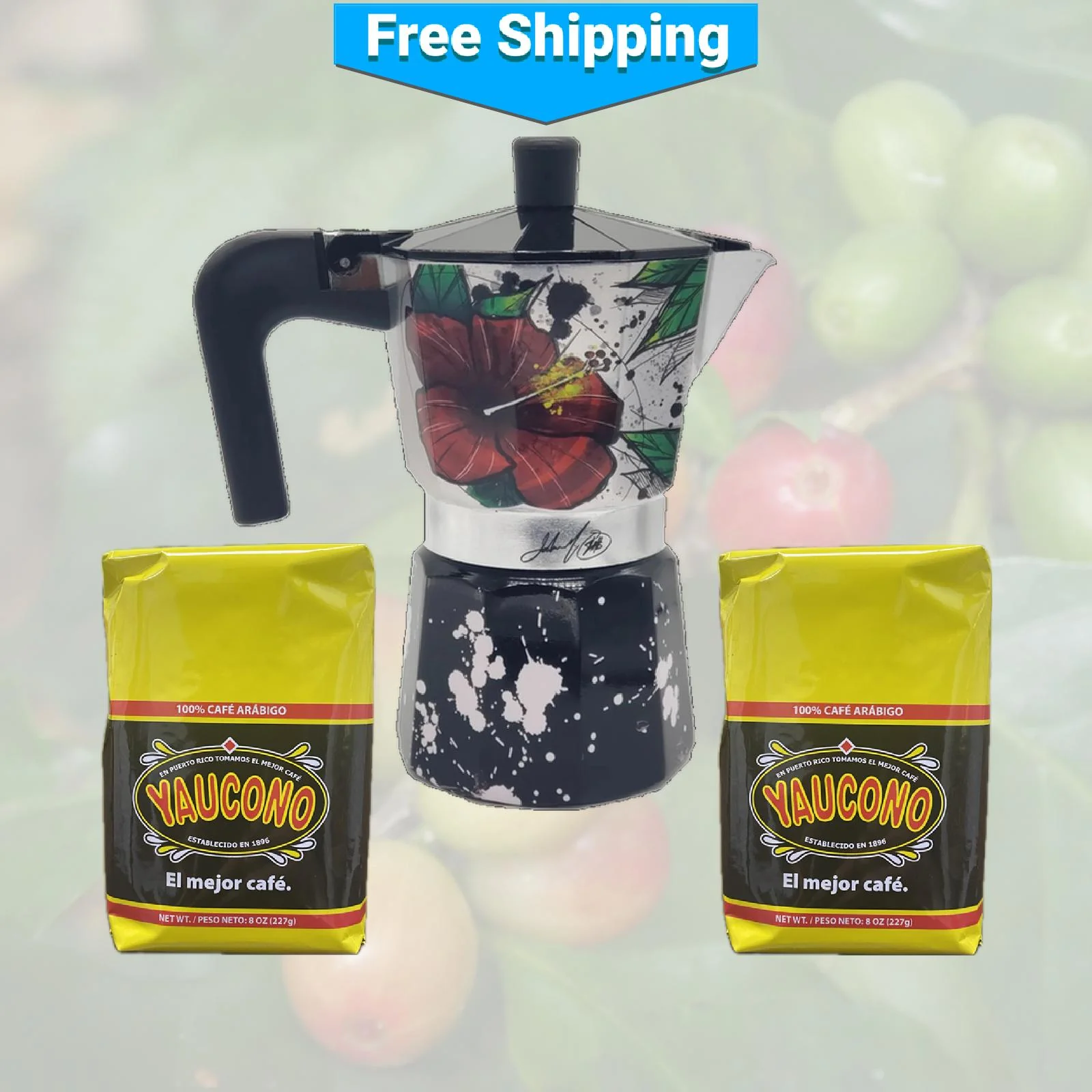 Maga Flower and Coquí Greca Moka Pot and Two Yauconito Coffees