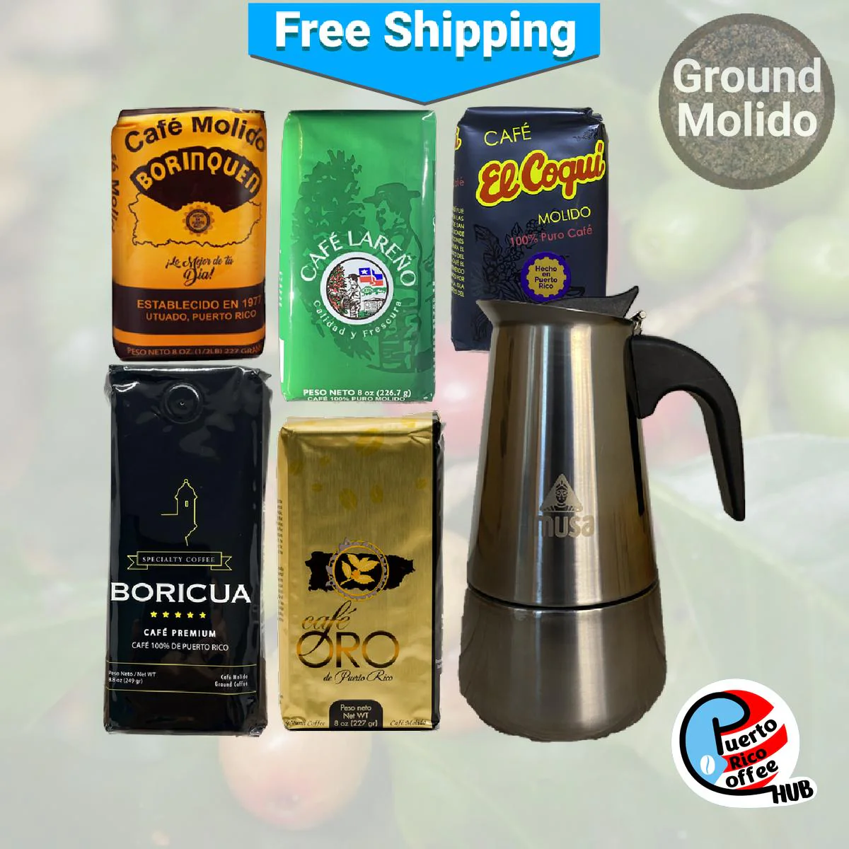 Puerto Rican Coffee Sampler With Imusa Stainless Steel Moka Pot